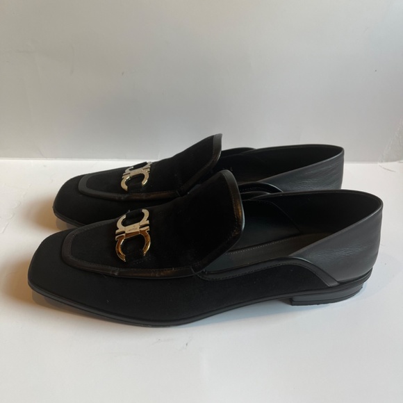 SALVATORE FERRAGAMO Lana Gancini Square Toe Block heel Loafers Black Gray Shoes - Picture 6 of 15